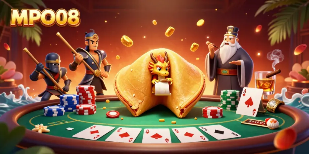 Engage in the exciting world of MPO08 with a vibrant casino scene featuring a golden fortune cookie and poker elements.
