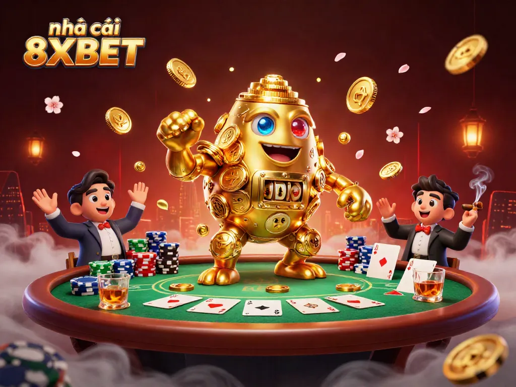 Engage with the dynamic action at nhà cái 8XBET featuring a golden golem amidst poker and casino elements.