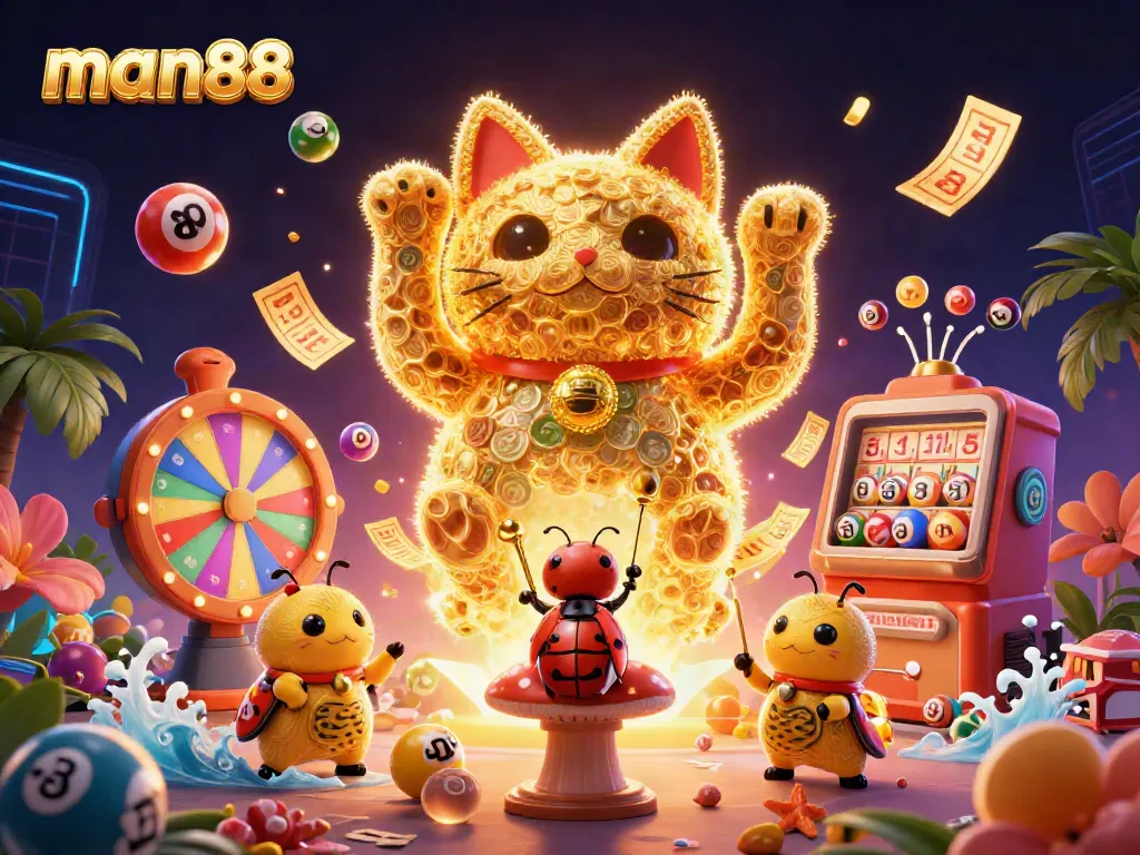 Experience thrilling gameplay at man88 with a lucky cat amidst vibrant casino elements.