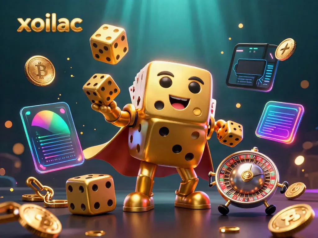 Xoilac features a playful golden dice character juggling smaller dice amidst a vibrant gambling scene illustrating excitement in sports betting.