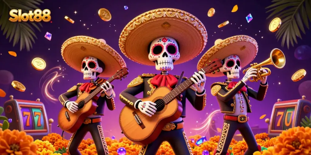 Engage with Slot88 through a vibrant 3D illustration of a mariachi band amidst cascading coins and slot symbols.