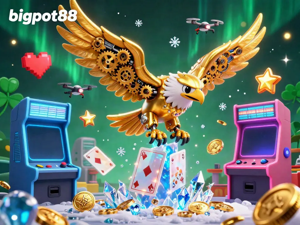 Engage with bigpot88's immersive 3D casino world featuring a golden eagle amidst floating playing cards.