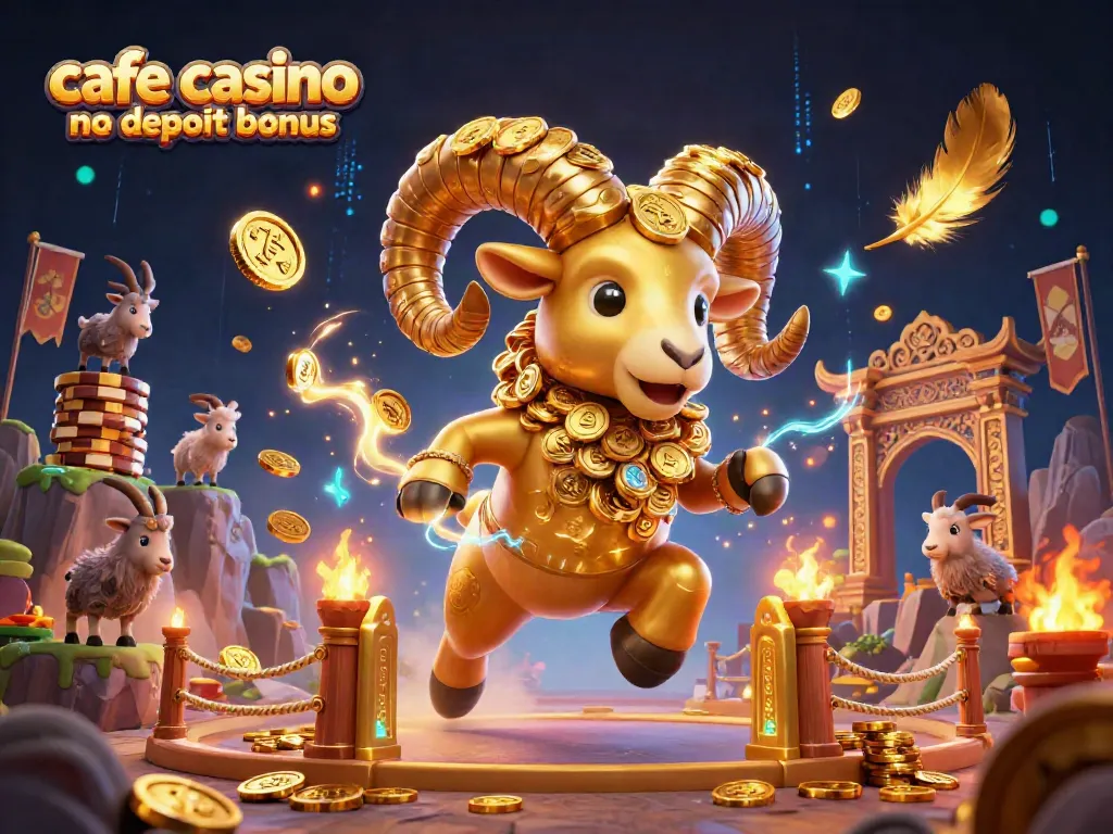 Café Casino no deposit bonus illustration featuring a golden ram charging, surrounded by gaming elements.