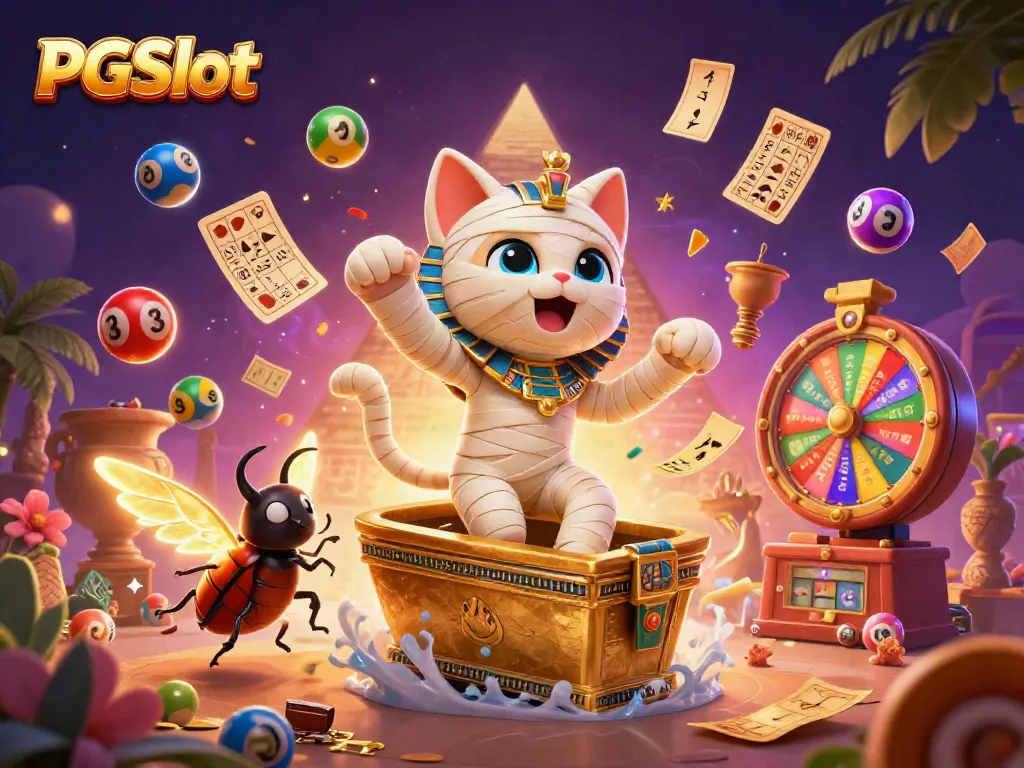 Join the excitement of PGSlot with a vibrant 3D Egyptian themed casino scene, featuring symbolic elements.