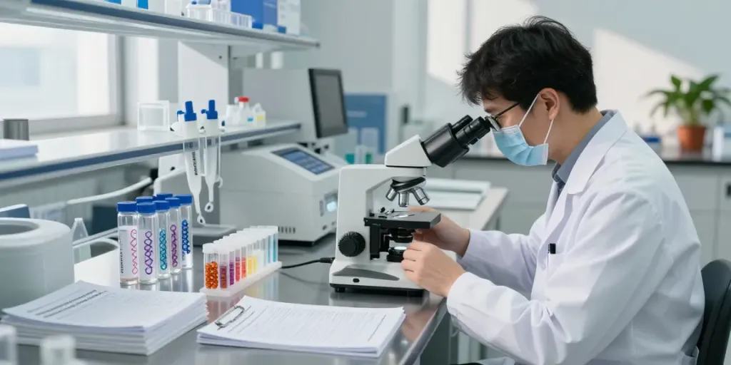Researcher analyzing peptides at peptide price.store laboratory, showcasing samples and academic journals in bright environment.