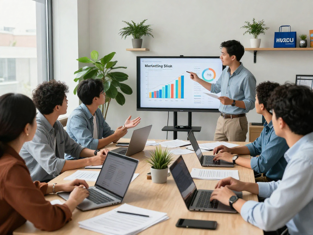 Dynamic office scene showcasing a team strategizing for an HVAC SEO company to boost local market visibility.
