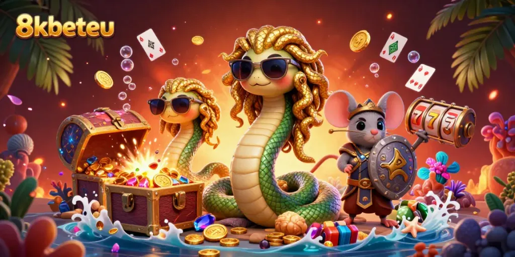 Engage with 8xbeteu's vibrant casino world featuring a friendly Medusa and warrior mouse amidst rich gaming elements.