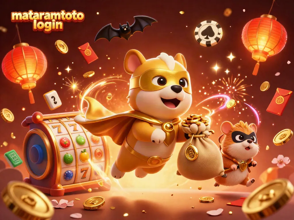 Engage with the exciting mataramtoto login portal through a vibrant gaming scene featuring a superhero dog and playful elements.