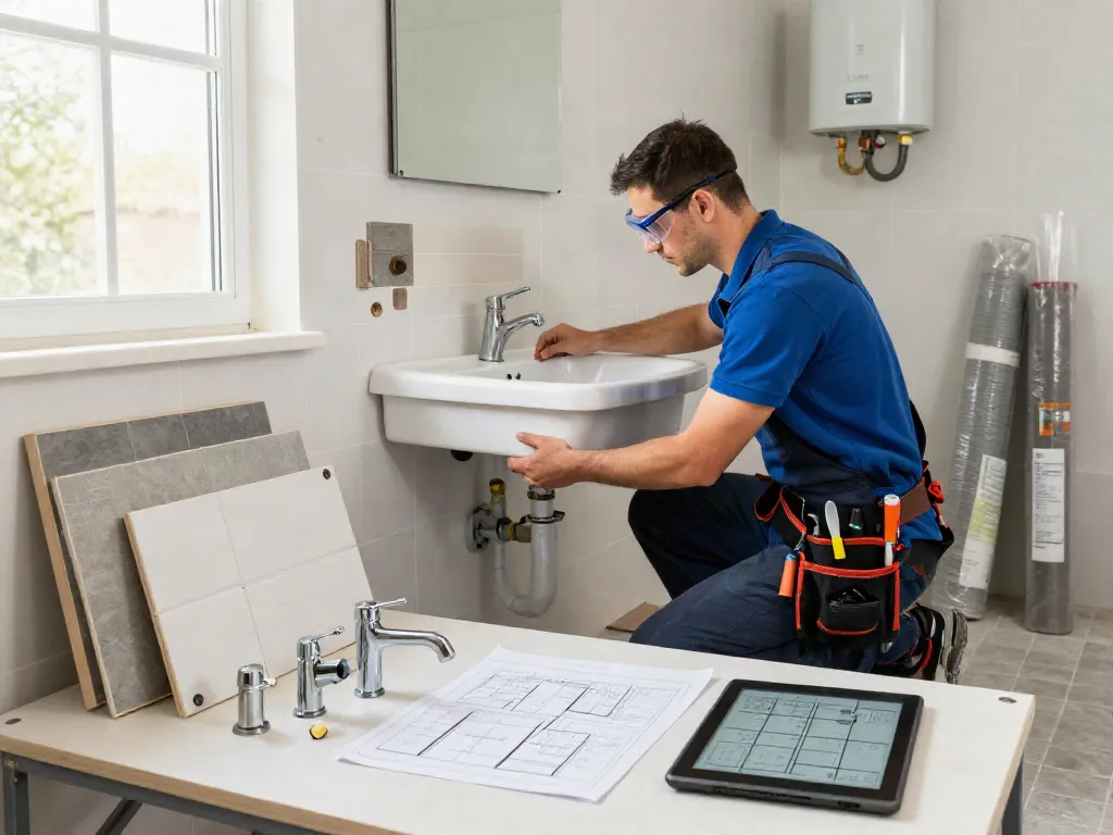 WEFIX London plumber connecting a new sink during a modern bathroom installation.