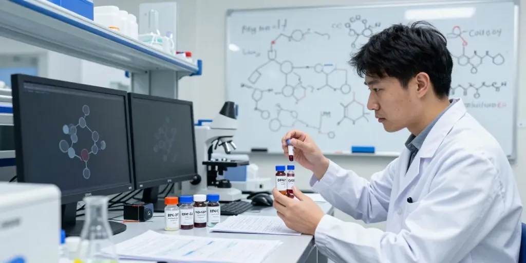 Klow peptide blend composition research in a modern laboratory with a scientist testing peptide samples.