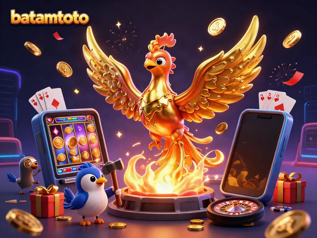 Experience batamtoto's dynamic gaming scene with a phoenix, gold coins, and exciting slot elements.