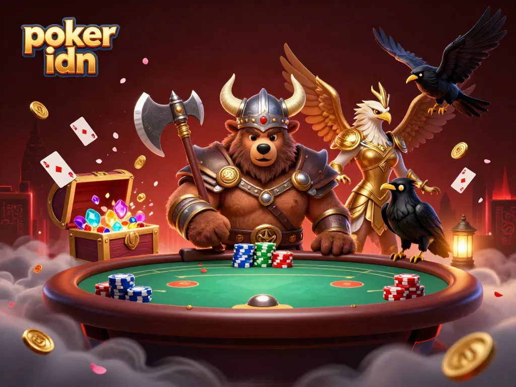 Permainan poker yang mendebarkan di Poker IDN dengan karakter Viking dan kartu yang bertebaran.