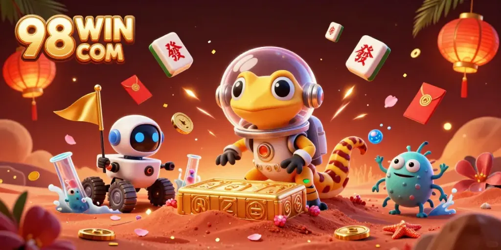 Engage with 98 WIN COM as a Martian gecko and robot discover a golden casino amongst vibrant gaming elements.