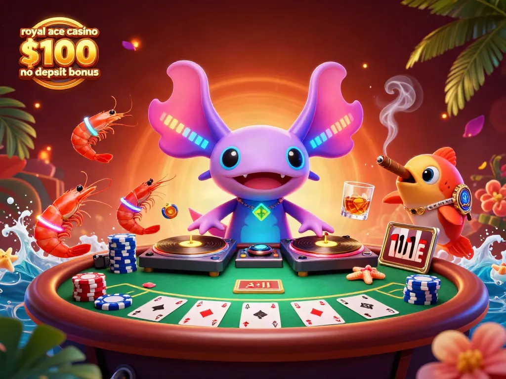 Engage with the excitement of royal ace casino $100 no deposit bonus featuring colorful characters in a lively casino scene.