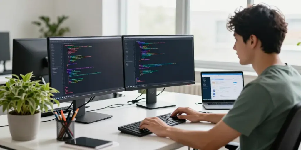 Developer reviewing 2113 Apps in a bright workspace with dual monitors.