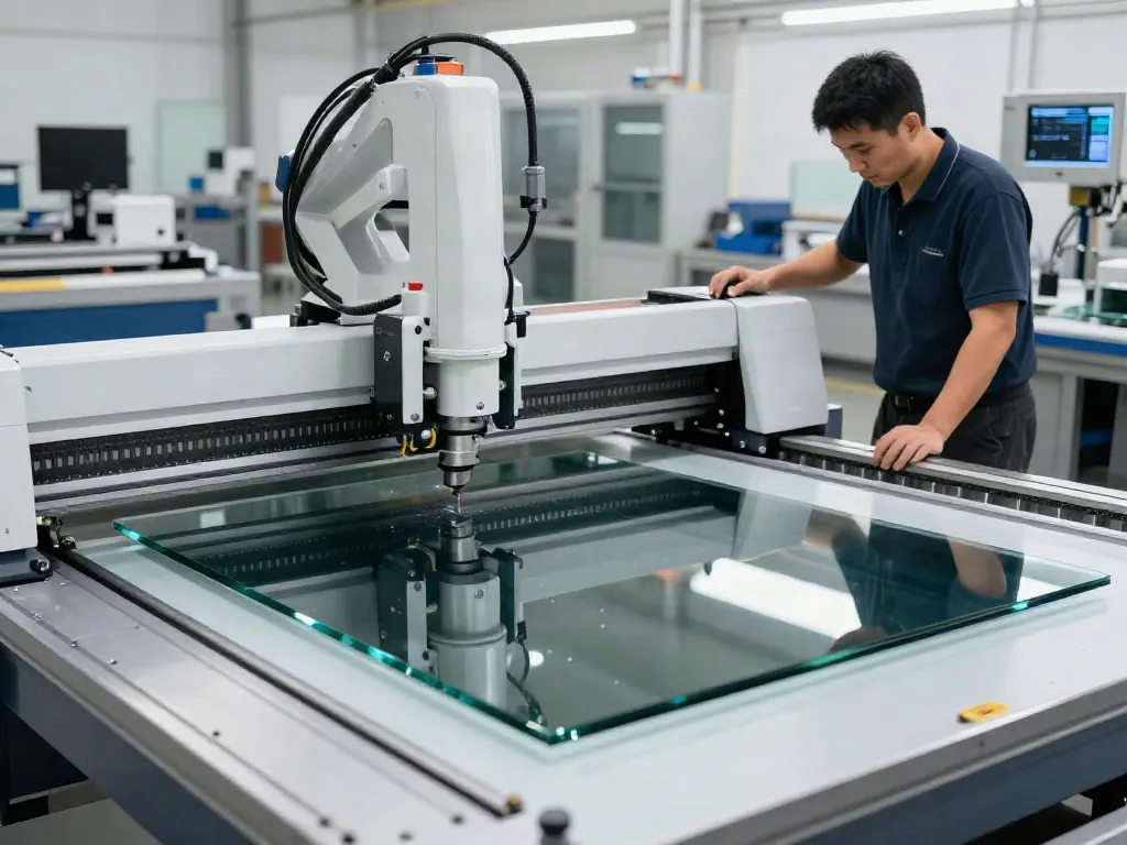 Glass cutting machine manufacturer demonstrating advanced cutting technology in a modern workshop.