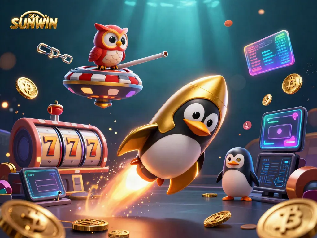 Experience SUNWIN's thrilling slots adventure with a golden penguin and jackpot excitement in space.