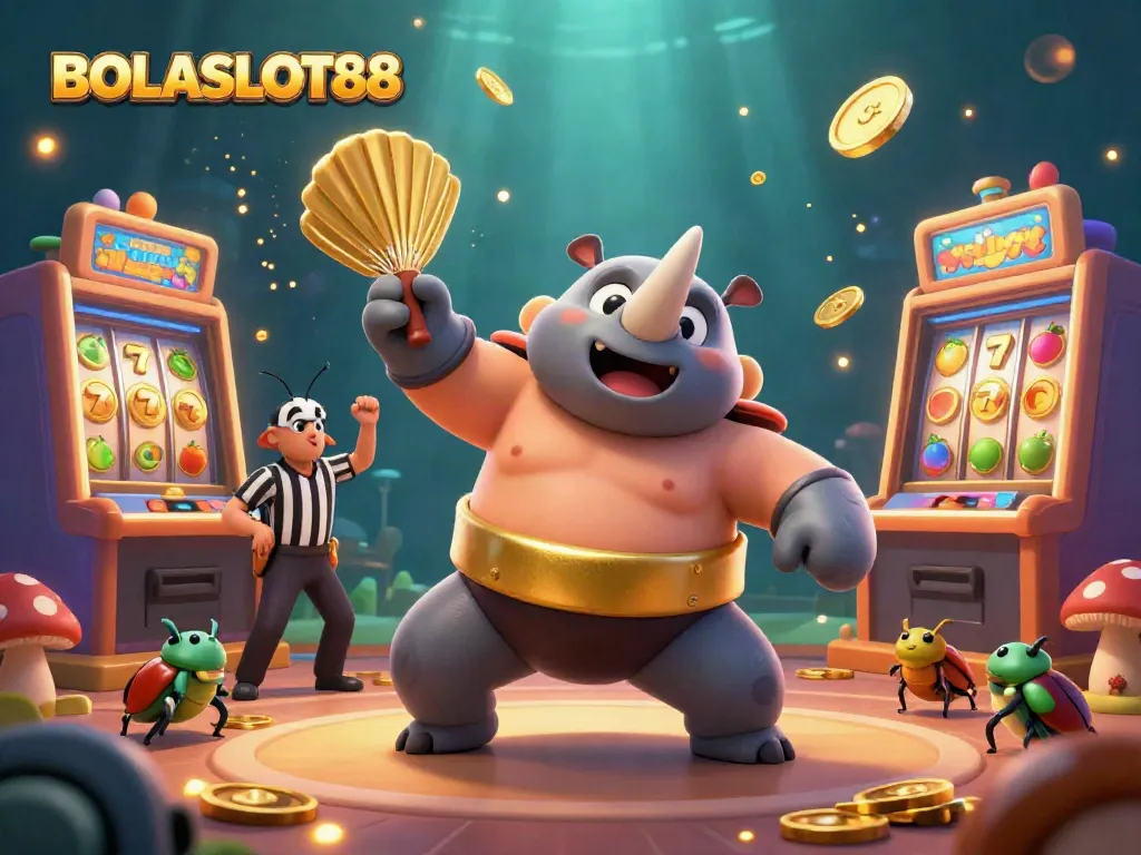 Engage with BOLASLOT88 through a vibrant 3D illustration of a sumo champion beetle surrounded by flying coins and slot machines.
