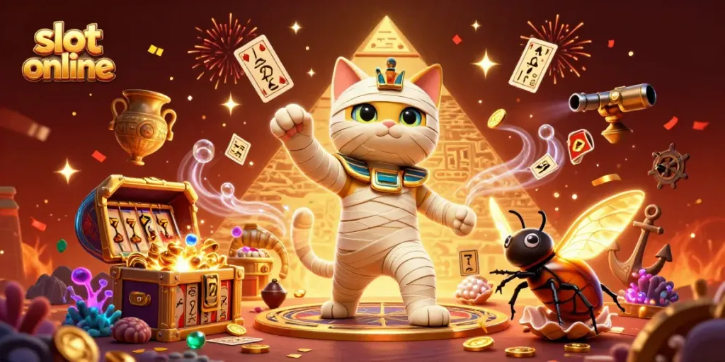 Engage with slot online adventures in a vibrant pyramid casino, featuring a mummy cat and a scarab beetle.