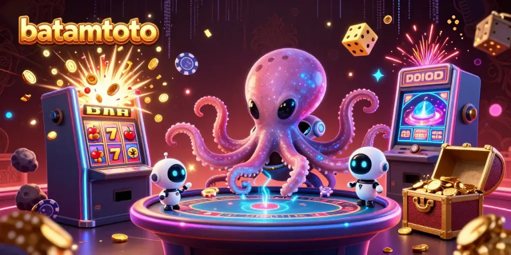 Engaging scene of batamtoto gaming with alien octopus, poker elements, and jackpot explosion.