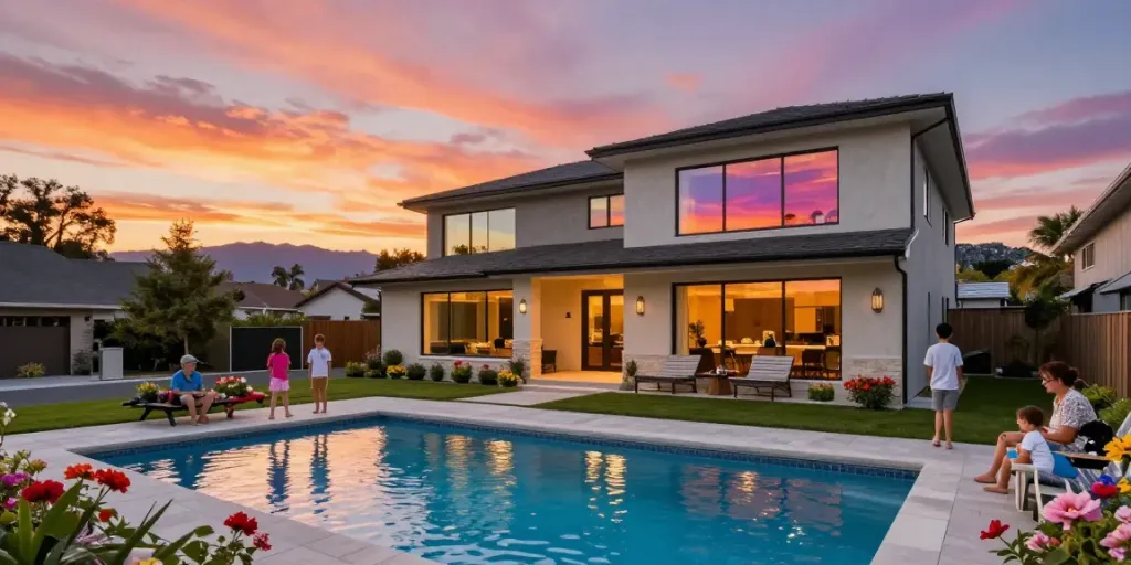 Elegant property at sunset with a modern home, garden, and pool, showcasing real estate beauty.