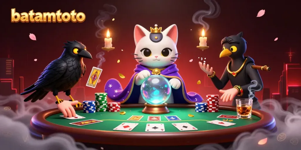Ilustrasi kasino 3D dengan karakter kucing mistis dan burung gagak, bermain poker di batamtoto.