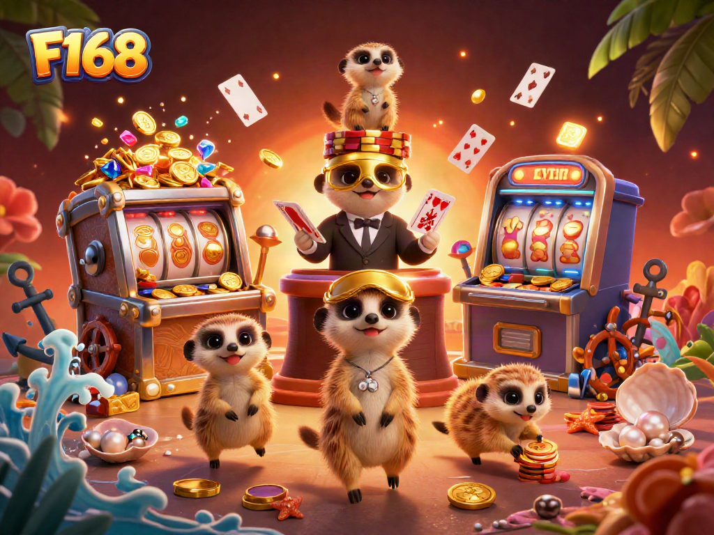 F168 meerkats managing a vibrant casino scene with gold coins and gaming elements.