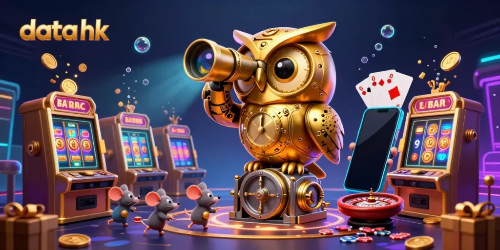 Patron bermain slot di kasino dengan data hk dan simbol keberuntungan.