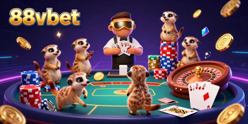 Engage with the lively 88vbet gaming scene featuring meerkats managing a vibrant casino operation with golden coins and colorful poker chips.