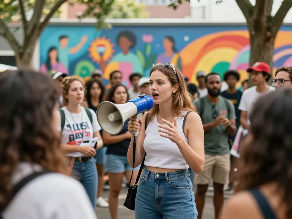 Chloe Sunderland engaging with a community, promoting men's rights in a vibrant urban setting.