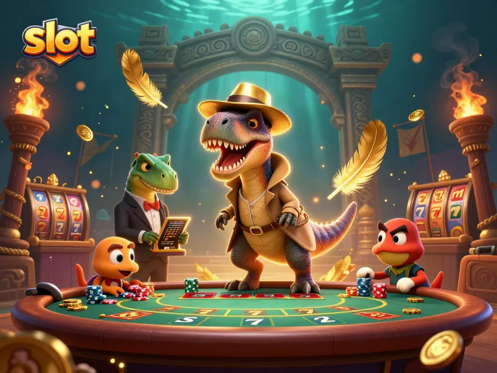 Slot di kasino dengan karakter lucu, velociraptor dan stegosaurus, menggenggam chip.