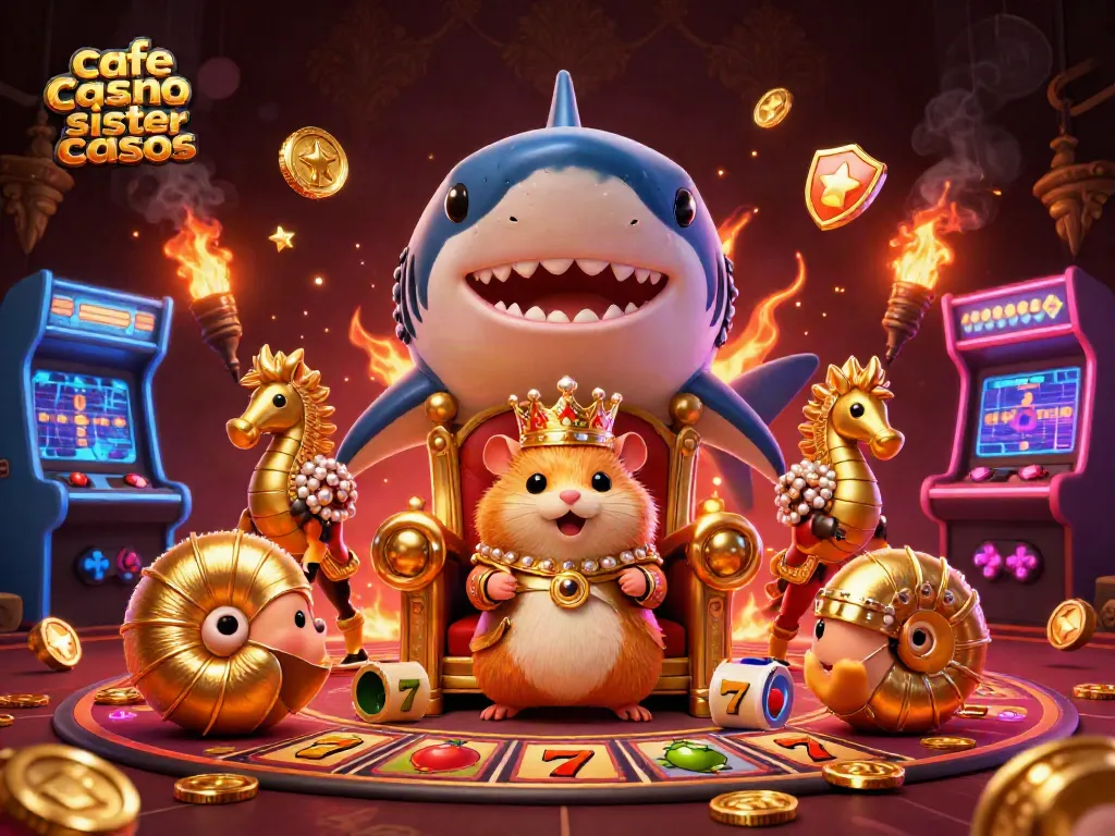 Café casino sister casinos showcase vibrant slot reels and a daring hamster king in a dynamic 3D scene.
