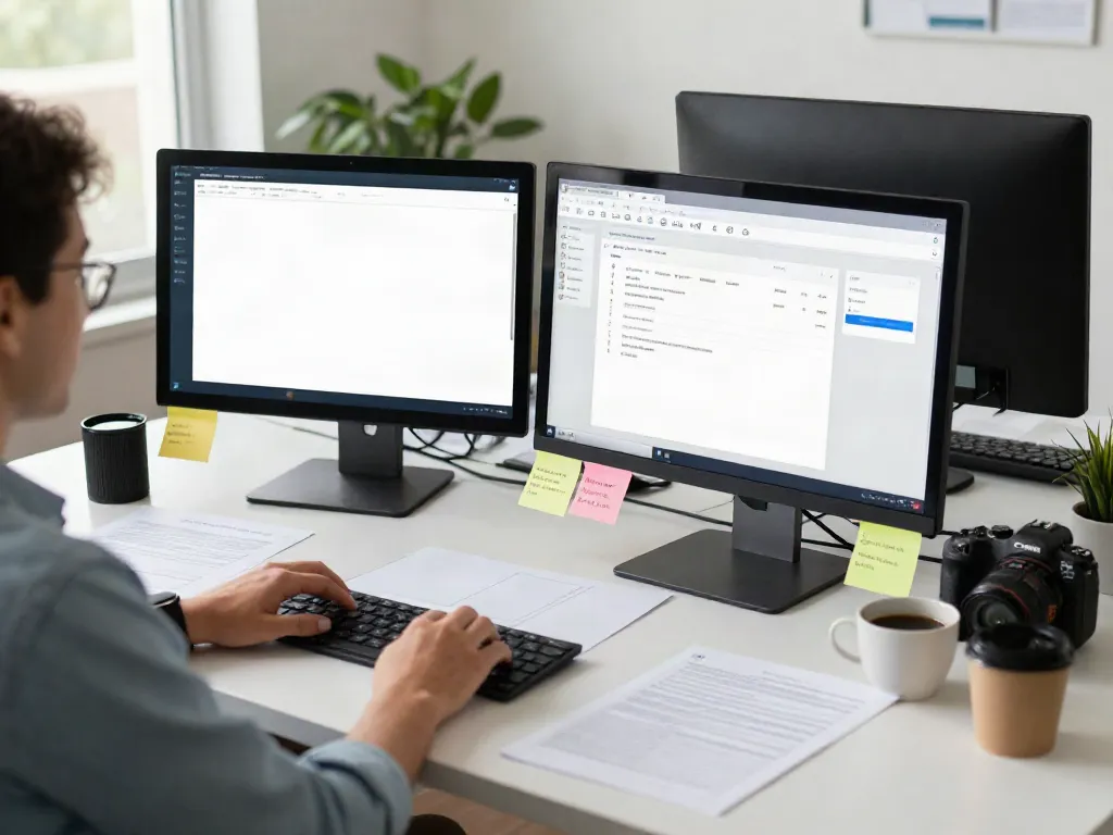 Workspace featuring service bureau tax software, tax preparer at modern desk with dual monitors and client data.