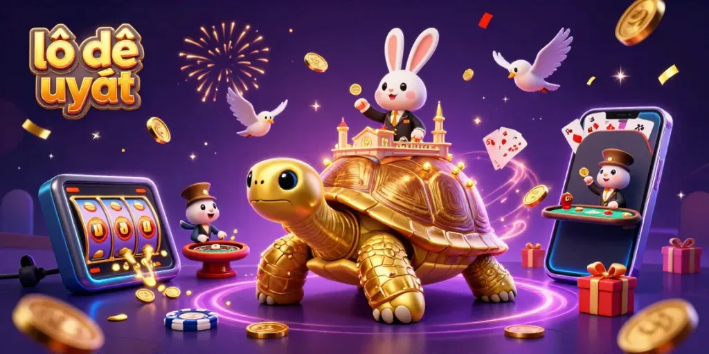 Experience thrilling gaming with lô đề uy tín featuring a golden tortoise and rabbit dealer in a vibrant casino scene.