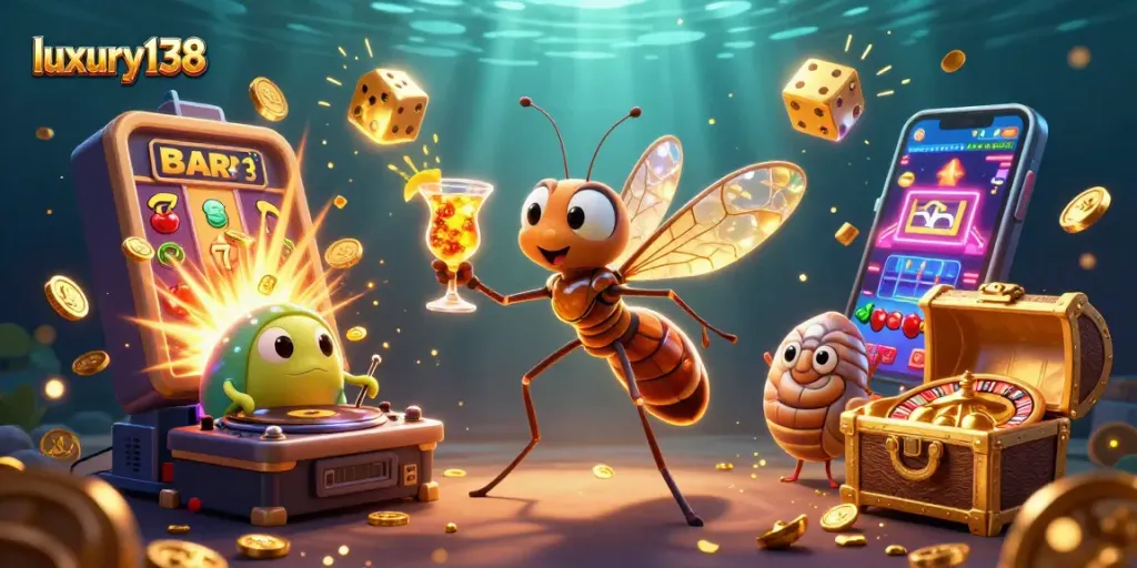 Engage with luxury138's vibrant casino scene featuring a frozen mosquito mascot and trilobite DJ amidst a jackpot explosion.