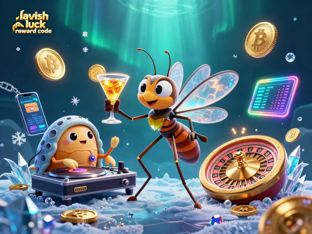 Experience the thrill of the lavish luck reward code with vibrant casino mascots and crypto elements.