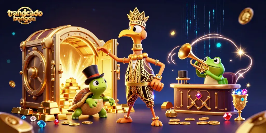 Bet on your fortune with Trangcadobongda's vibrant casino scene showcasing fun characters and treasures.