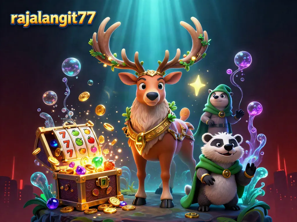 Gambarkan karakter rajalangit77 dengan kegembiraan di kasino, dikelilingi simbol slot dan emas.