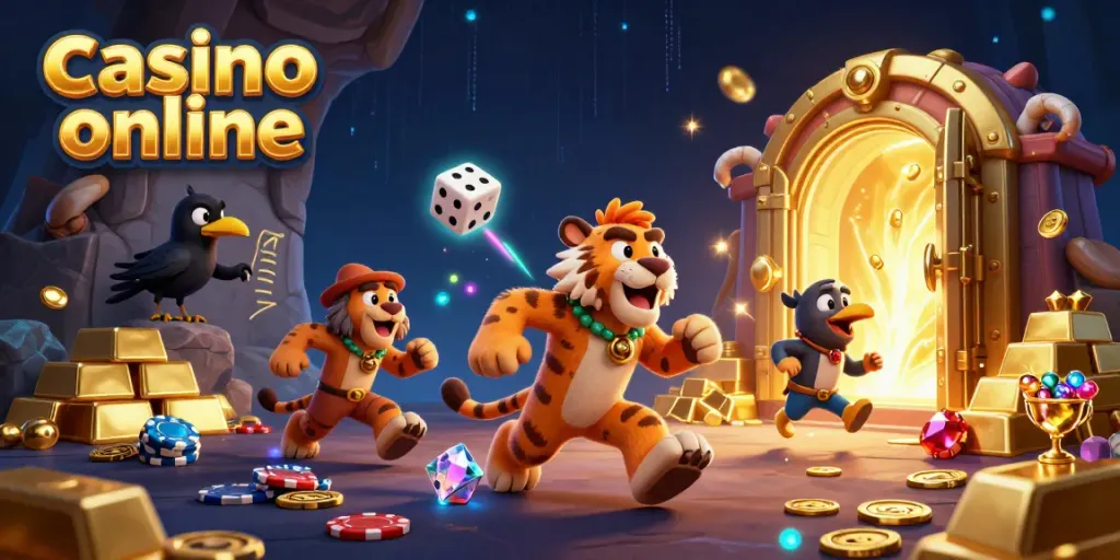 Caveman duo in a prehistoric casino handling stone chips and bone dice, radiating wealth and excitement in a vibrant casino online scene.