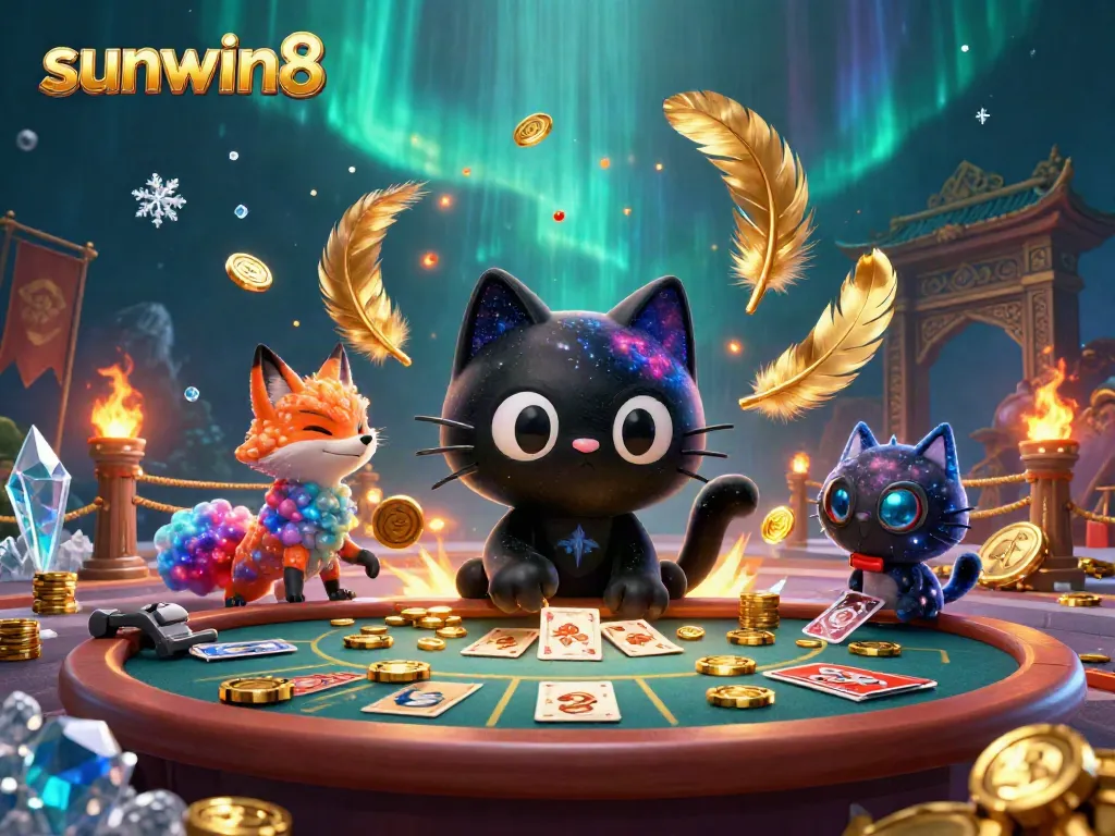 Experience the excitement of sunwin8 with a cosmic casino scene featuring a black hole cat and nebula fox.