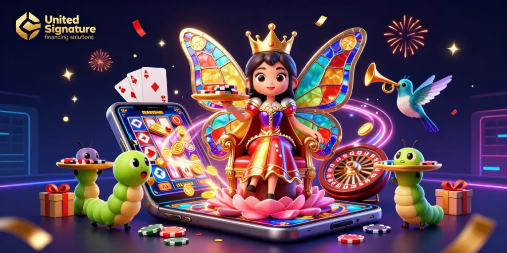 Engage with United Signature financing solutions, spin your winnings at a vibrant casino-themed illustration packed with excitement.