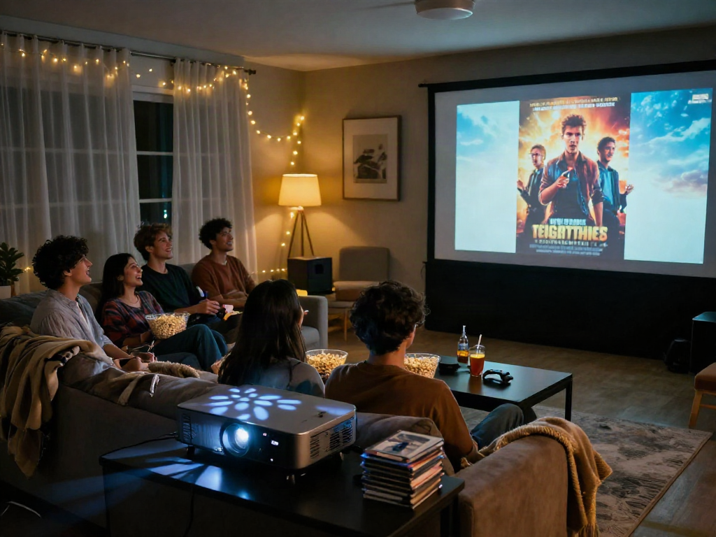 Friends enjoying a movie night in a cozy home theater while discussing filmyzilla films.