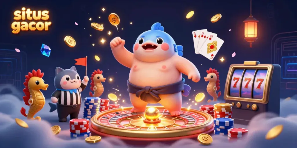 Experience vibrant action as "situs slot gacor" comes alive with a playful fugu, catfish referee, and colorful casino elements.