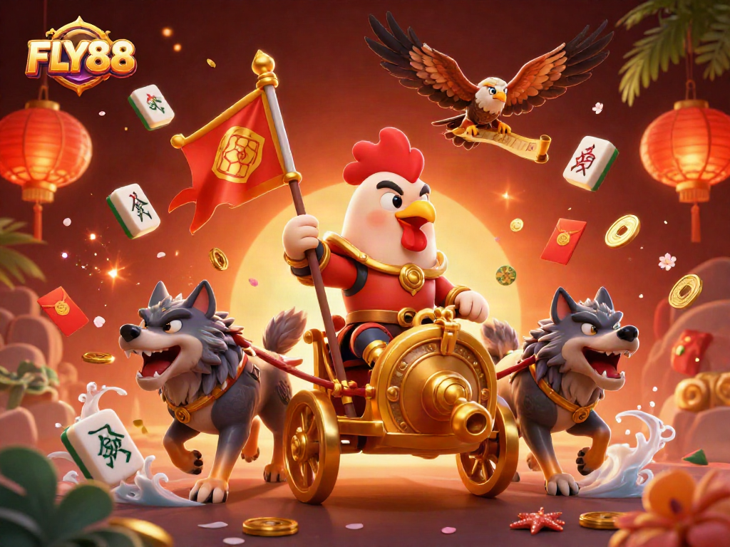 Engage in thrilling casino action with FLY88 featuring a cartoon rooster warlord and vibrant elements.