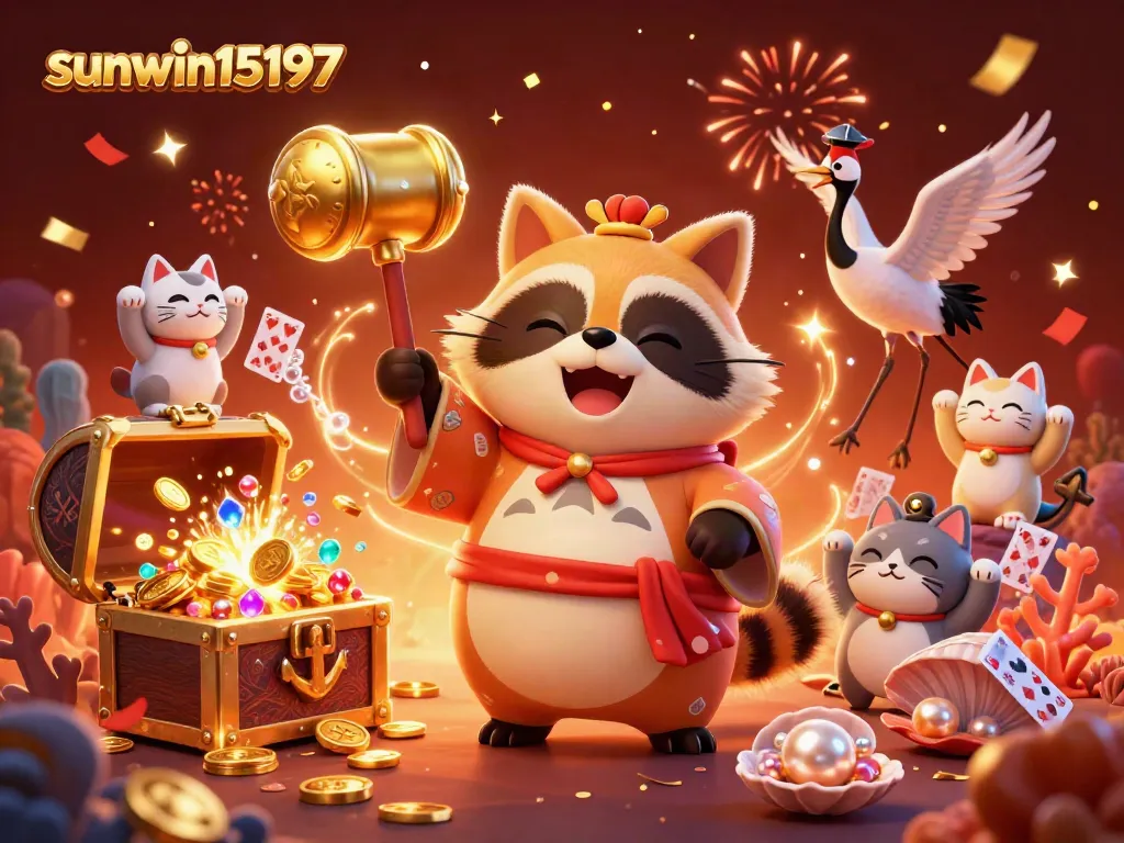 Experience thrilling gameplay at sunwin15197 with cheerful tanuki and colorful fortune cats in a vibrant casino scene.