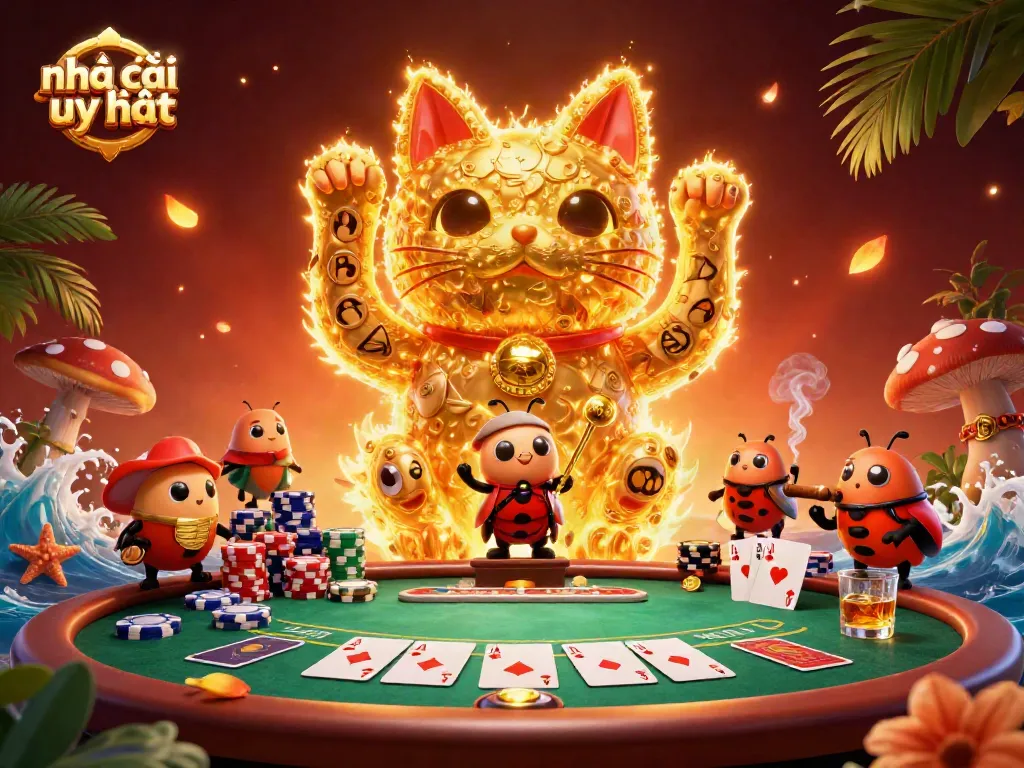 Engage with Nhà cái uy tín in this vivid 3D casino scene with poker elements and glowing animations.