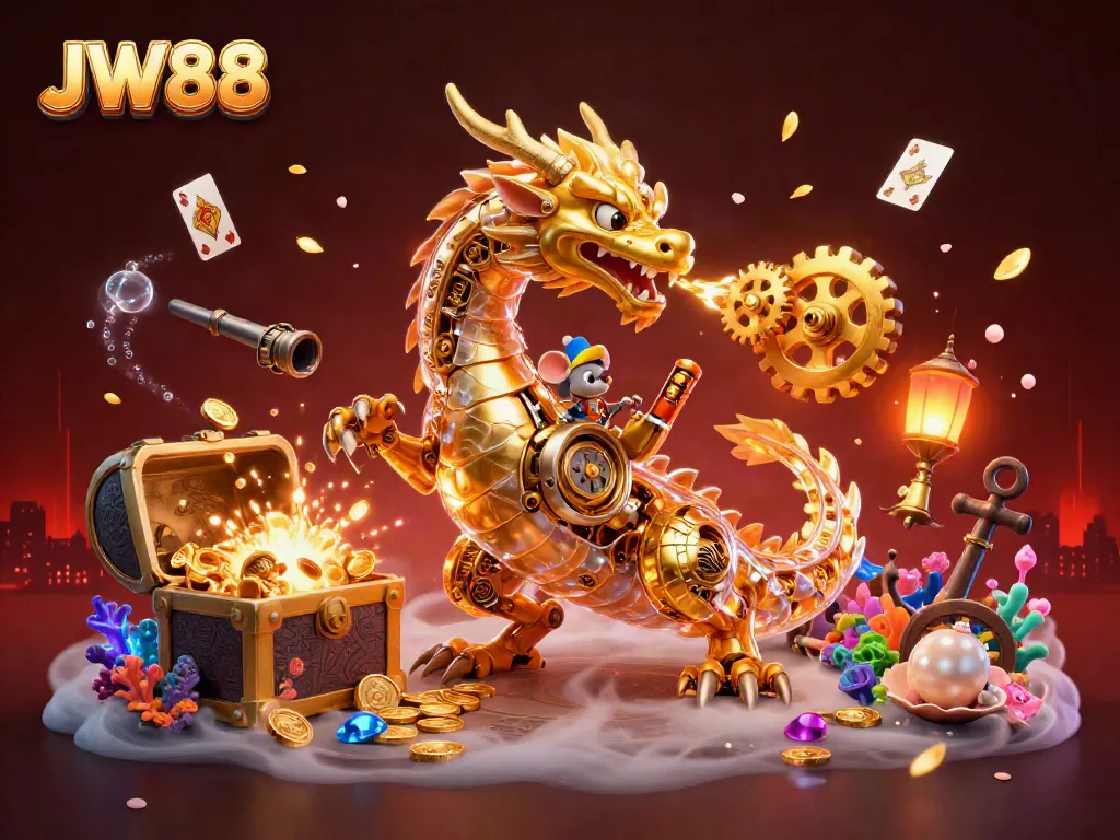 JW88 engages players with a thrilling 3D fantasy scene of a dragon surrounded by treasures and casino elements.