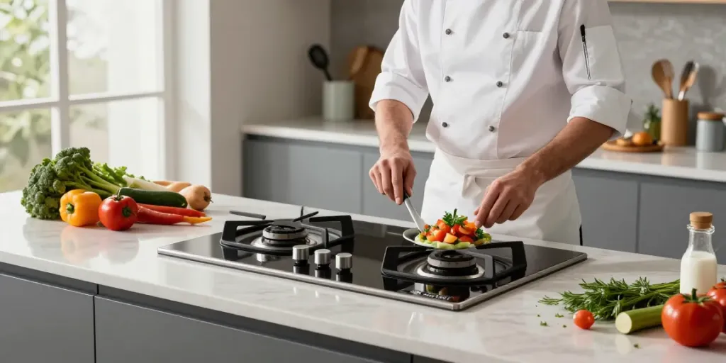 Cooking on a Ciarra ONE extractor hob in a modern kitchen filled with fresh ingredients.