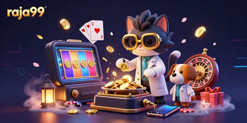 Engage with raja99's exciting gold coin creation scene featuring a scientist cat and loyal dog.