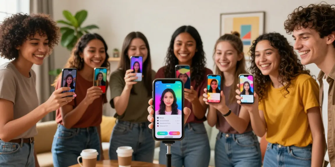 Group of friends using a smartphone to see how old do I look with cheerful expressions